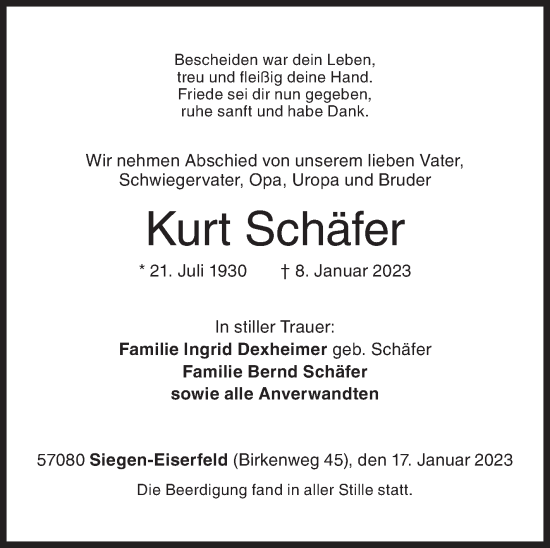 Traueranzeige von Kurt Schäfer von Siegener Zeitung