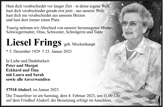 Traueranzeige von Liesel Frings von Siegener Zeitung