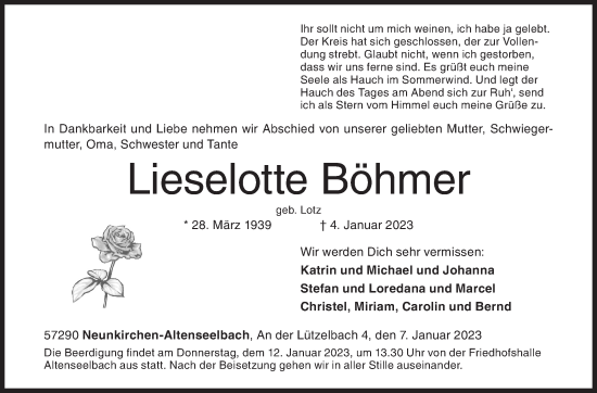 Traueranzeige von Lieselotte Böhmer von Siegener Zeitung