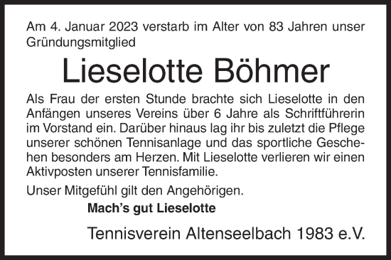 Traueranzeige von Lieselotte Böhmer von Siegener Zeitung