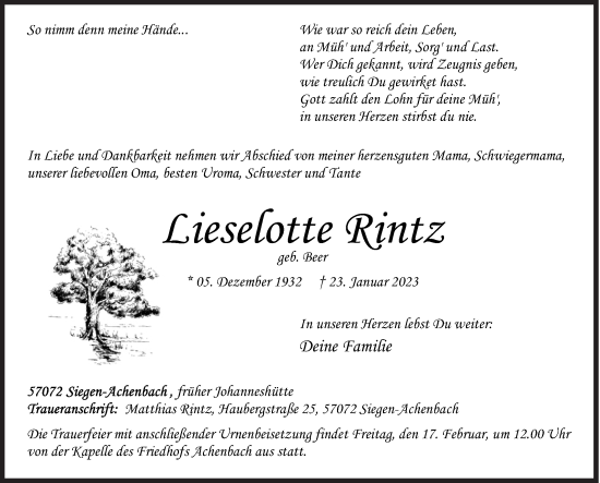 Traueranzeige von Lieselotte Rintz von Siegener Zeitung