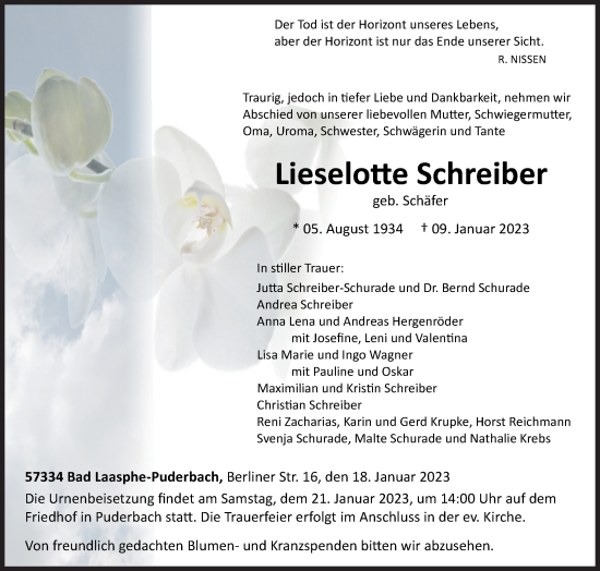 Traueranzeige von Lieselotte Schreiber von Siegener Zeitung