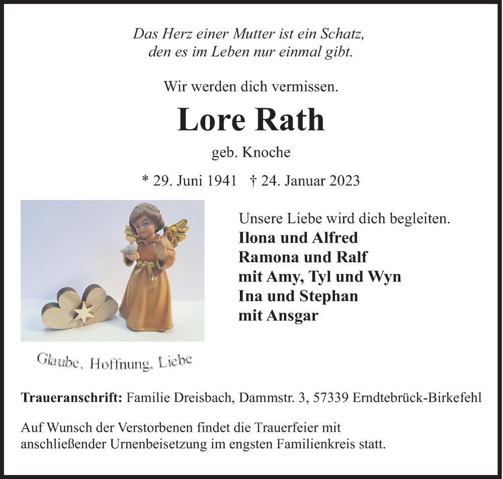  Traueranzeige für Lore Rath vom 28.01.2023 aus Siegener Zeitung
