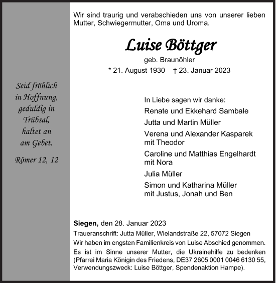 Traueranzeige von Luise Böttger von Siegener Zeitung