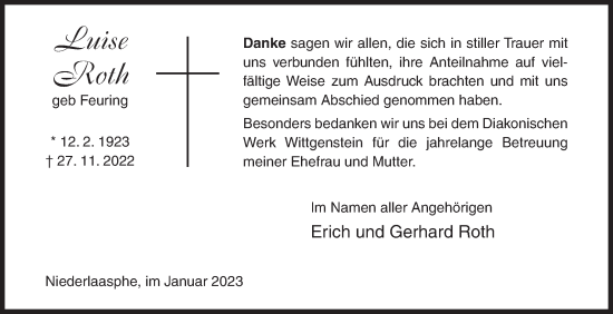 Traueranzeige von Luise Roth von Siegener Zeitung