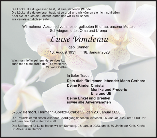 Traueranzeige von Luise Vonderau von Siegener Zeitung