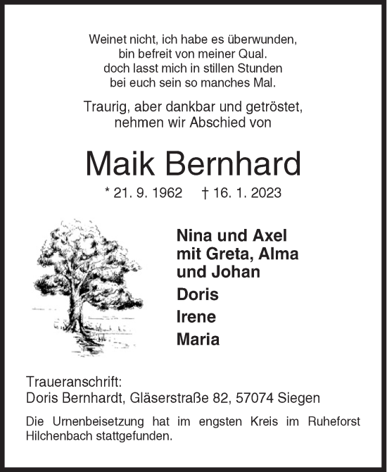 Traueranzeige von Maik Bernhard von Siegener Zeitung