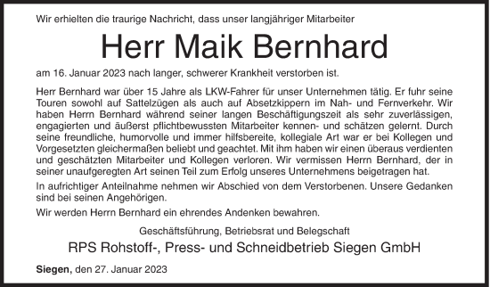 Traueranzeige von Maik Bernhard von Siegener Zeitung