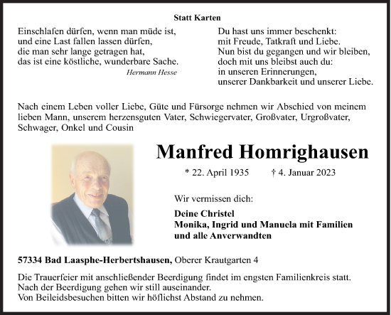 Traueranzeige von Manfred Homrighausen von Siegener Zeitung