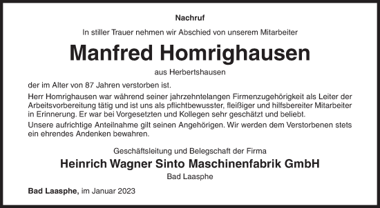 Traueranzeige von Manfred Homrighausen von Siegener Zeitung