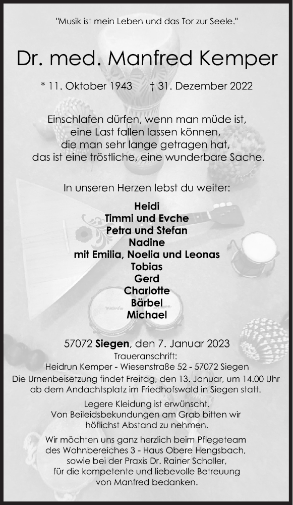  Traueranzeige für Manfred Kemper vom 07.01.2023 aus Siegener Zeitung
