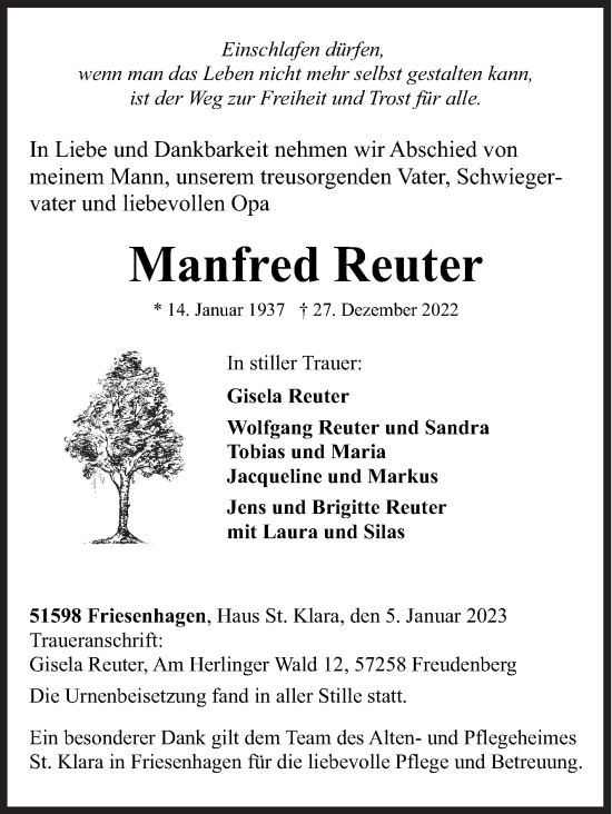 Traueranzeige von Manfred Reuter von Siegener Zeitung