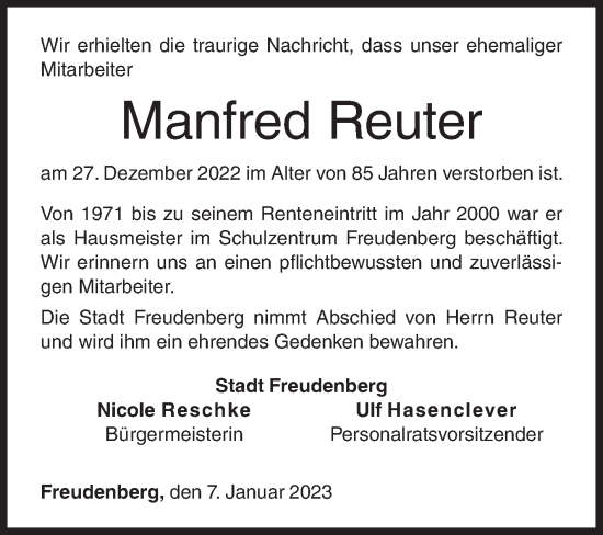 Traueranzeige von Manfred Reuter von Siegener Zeitung
