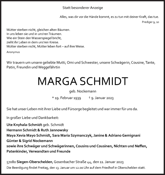 Traueranzeige von Marga Schmidt von Siegener Zeitung