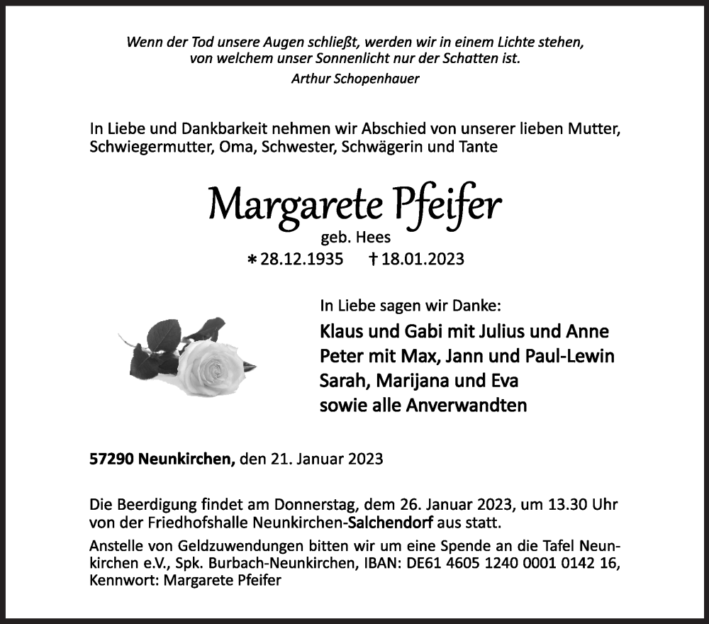  Traueranzeige für Margarete Pfeifer vom 21.01.2023 aus Siegener Zeitung