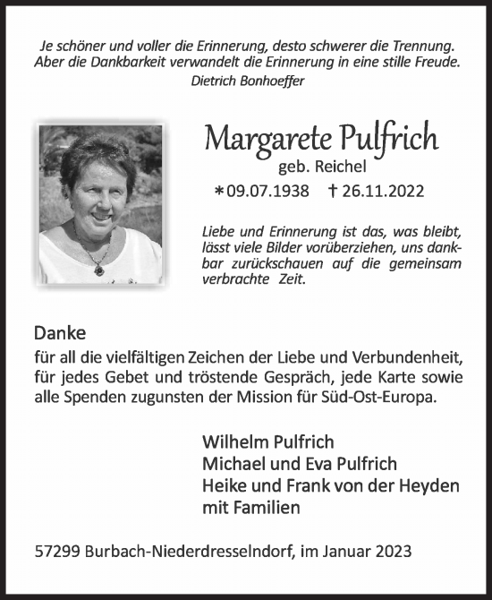 Traueranzeige von Margarete Pulfrich von Siegener Zeitung
