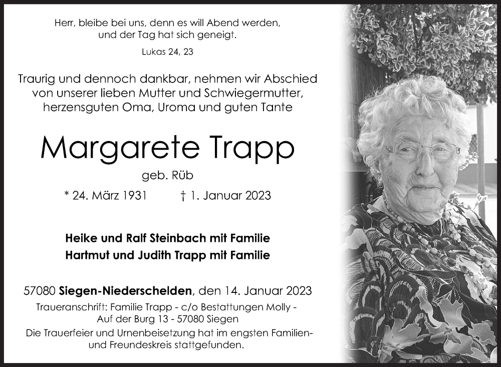  Traueranzeige für Margarete Trapp vom 14.01.2023 aus Siegener Zeitung