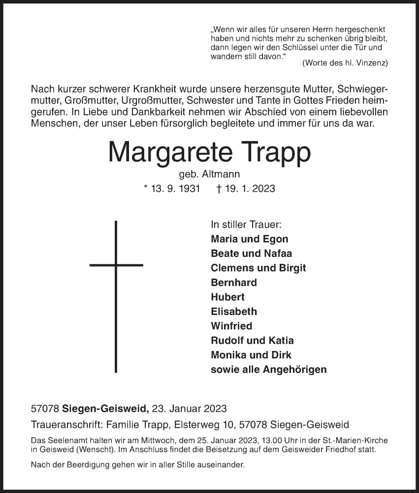  Traueranzeige für Margarete Trapp vom 23.01.2023 aus Siegener Zeitung