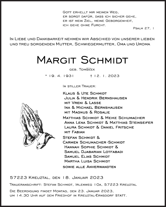 Traueranzeige von Margit Schmidt von Siegener Zeitung