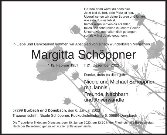 Traueranzeige von Margitta Schöppner von Siegener Zeitung