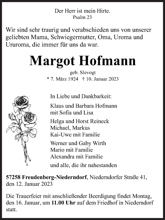 Traueranzeige von Margot Hofmann von Siegener Zeitung