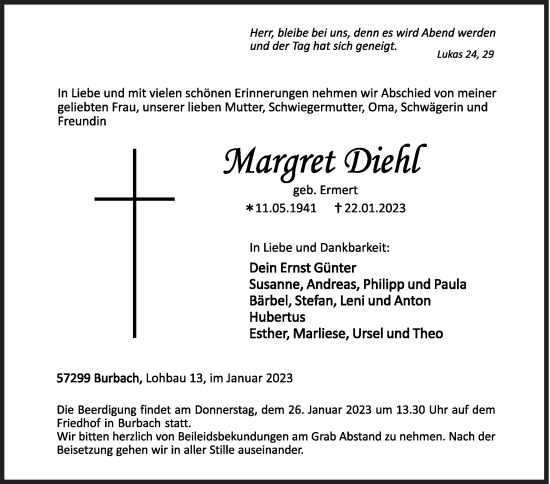 Traueranzeige von Margret Diehl von Siegener Zeitung
