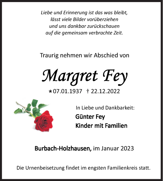 Traueranzeige von Margret Fey von Siegener Zeitung