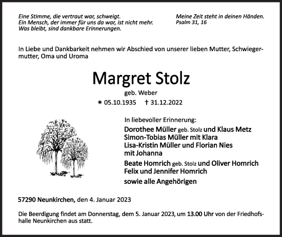 Traueranzeige von Margret Stolz von Siegener Zeitung
