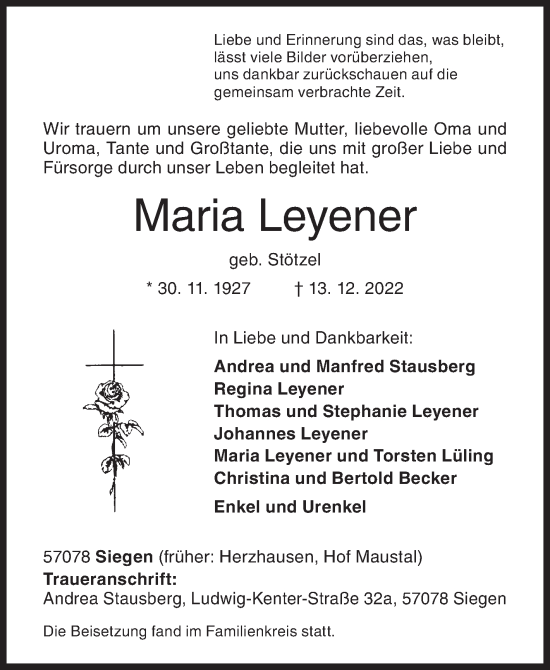 Traueranzeige von Maria Leyener von Siegener Zeitung