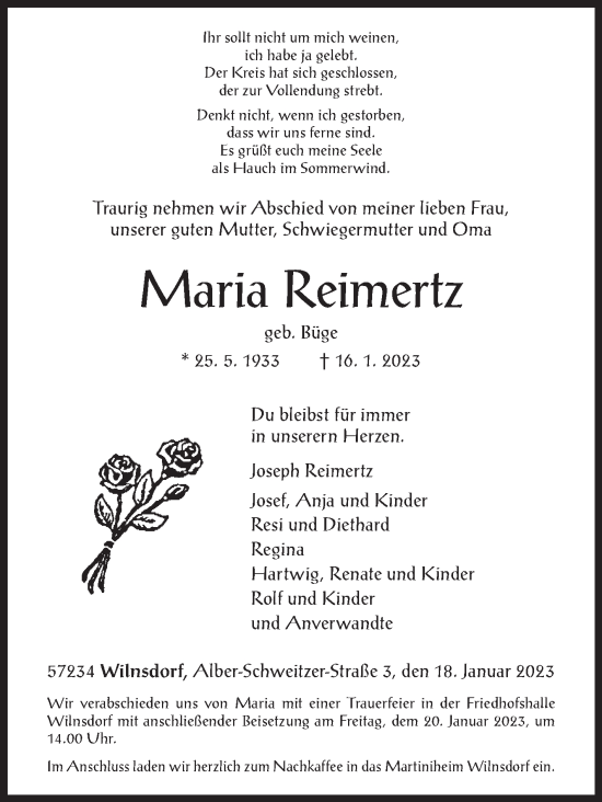 Traueranzeige von Maria Reimertz von Siegener Zeitung