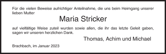 Traueranzeige von Maria Stricker von Siegener Zeitung