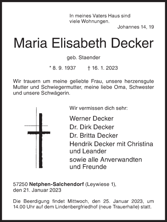 Traueranzeige von Maria Elisabeth Decker von Siegener Zeitung