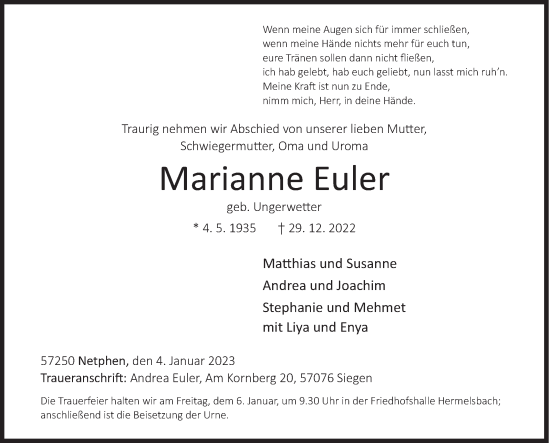 Traueranzeige von Marianne Euler von Siegener Zeitung