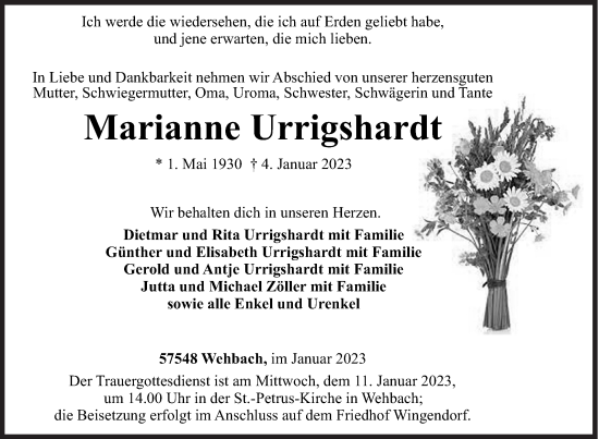 Traueranzeige von Marianne Urrigshardt von Siegener Zeitung