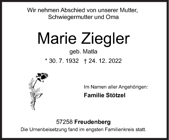 Traueranzeige von Marie Ziegler von Siegener Zeitung