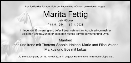 Traueranzeige von Marita Fettig von Siegener Zeitung