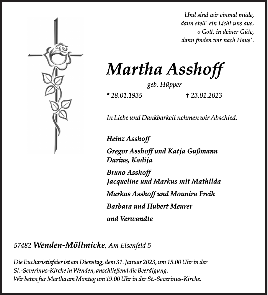  Traueranzeige für Martha Asshoff vom 26.01.2023 aus Siegener Zeitung