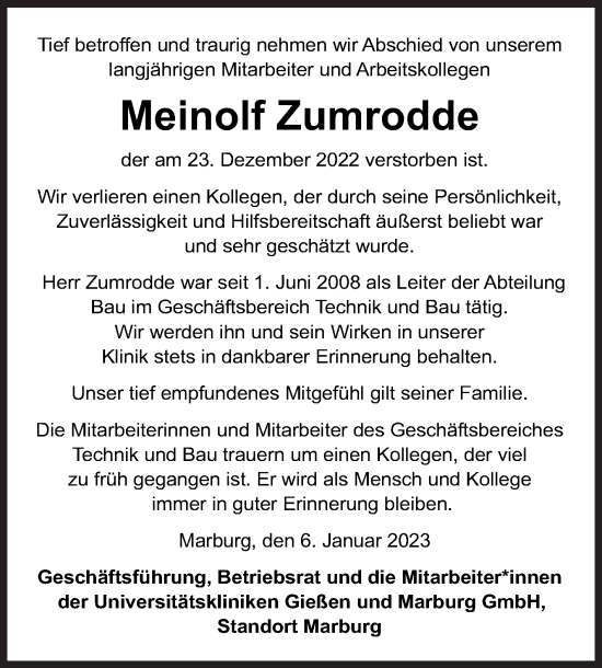 Traueranzeige von Meinolf Zumrodde von Siegener Zeitung