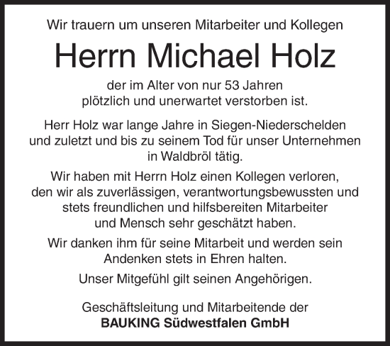 Traueranzeige von Michael Holz von Siegener Zeitung