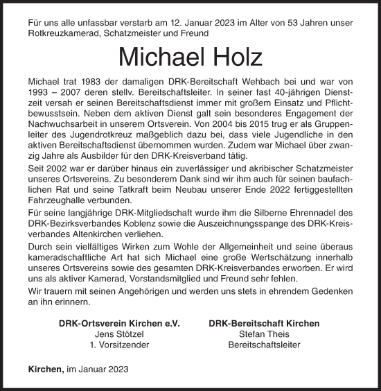 Traueranzeige von Michael Holz von Siegener Zeitung