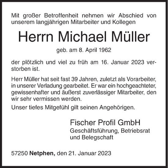 Traueranzeige von Michael Müller von Siegener Zeitung