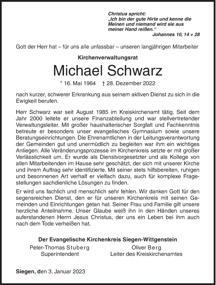 Traueranzeige für Michael Schwarz vom 03.01.2023 aus Siegener Zeitung
