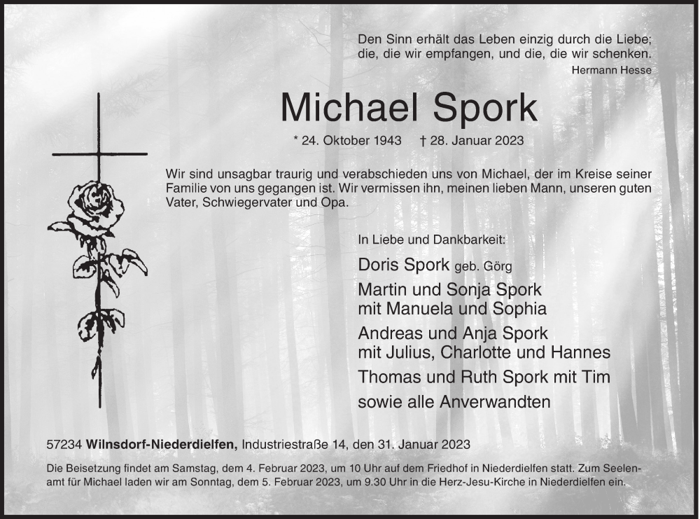  Traueranzeige für Michael Spork vom 31.01.2023 aus Siegener Zeitung