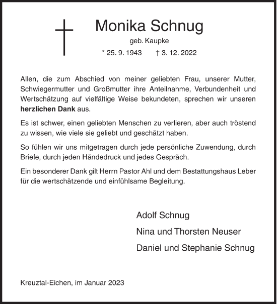 Traueranzeige von Monika Schnug von Siegener Zeitung
