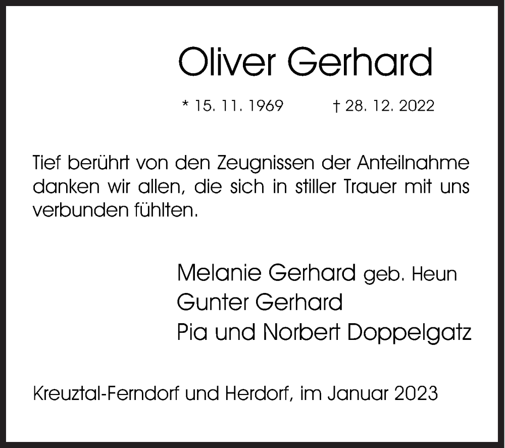  Traueranzeige für Oliver Gerhard vom 28.01.2023 aus Siegener Zeitung