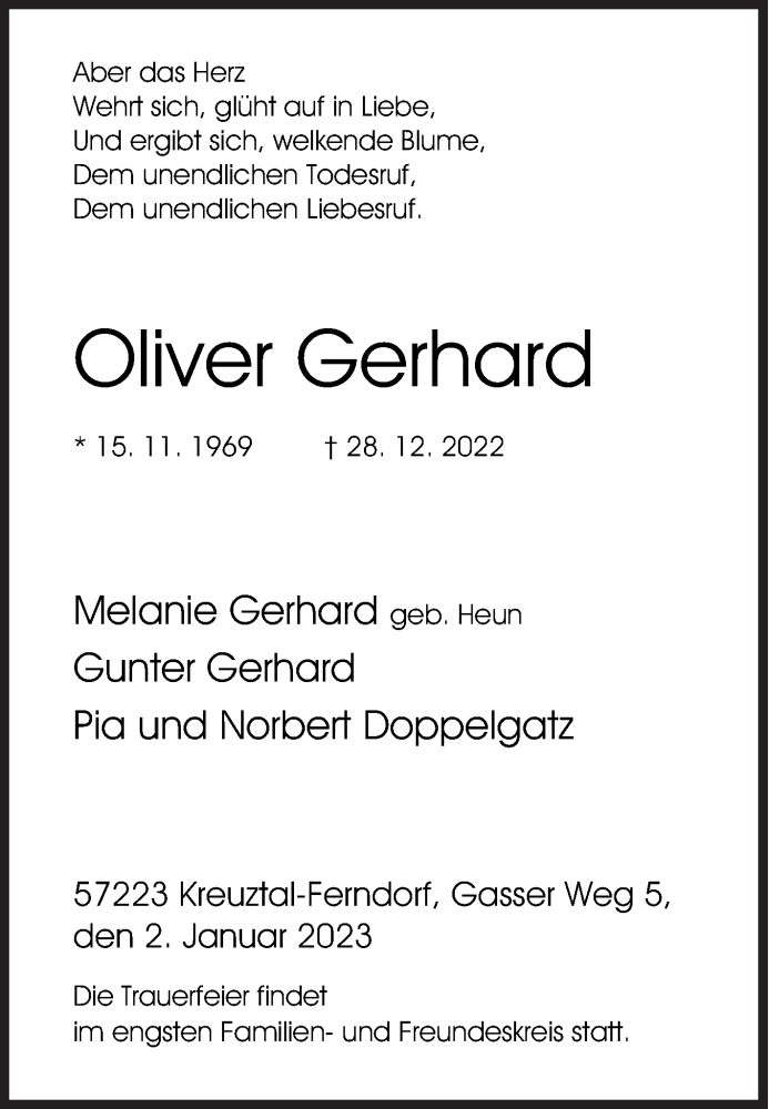  Traueranzeige für Oliver Gerhard vom 02.01.2023 aus Siegener Zeitung