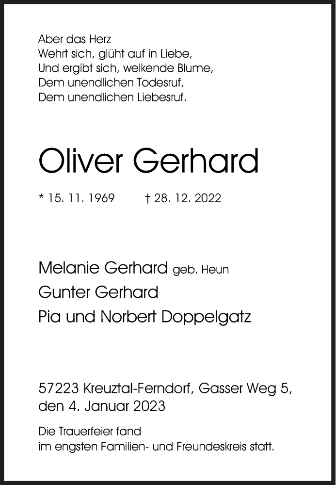 Traueranzeige für Oliver Gerhard vom 07.01.2023 aus Siegener Zeitung