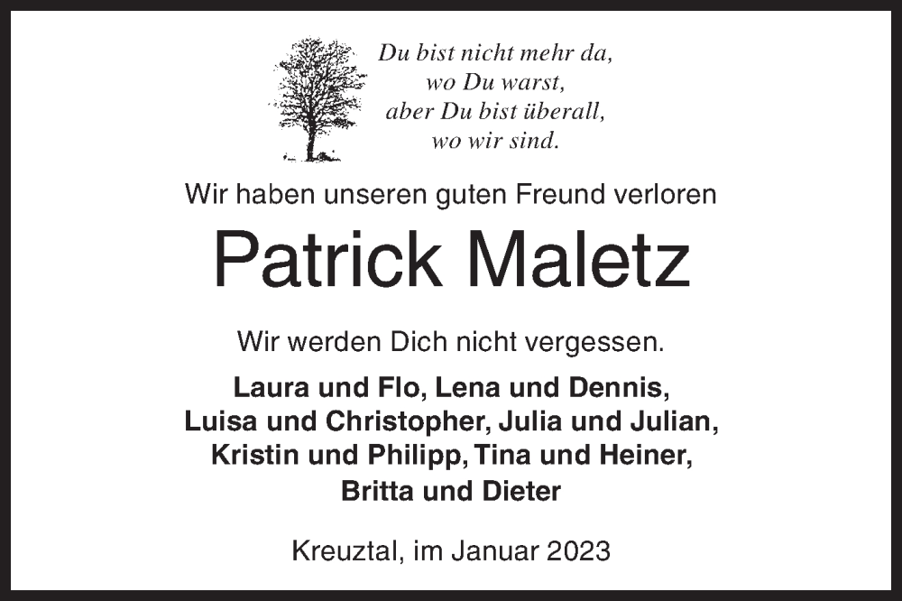  Traueranzeige für Patrick Maletz vom 26.01.2023 aus Siegener Zeitung