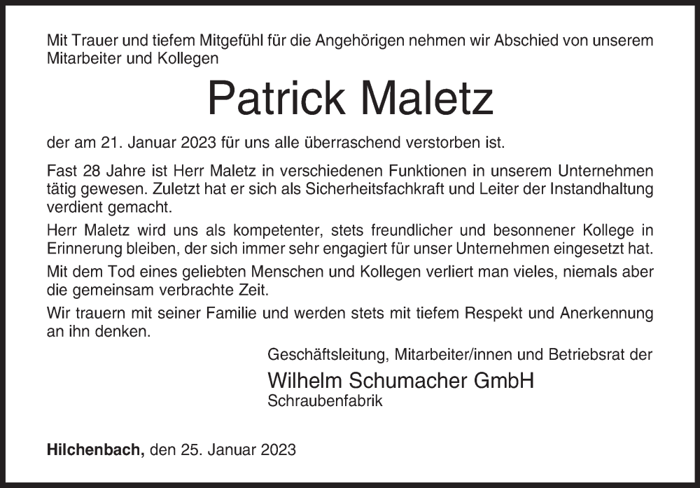  Traueranzeige für Patrick Maletz vom 25.01.2023 aus Siegener Zeitung