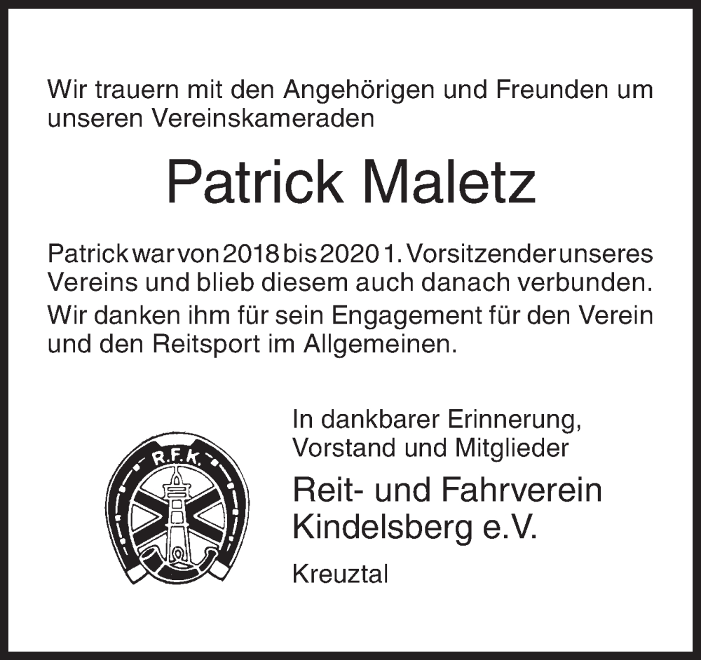  Traueranzeige für Patrick Maletz vom 26.01.2023 aus Siegener Zeitung